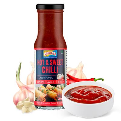 Ashoka Hot &amp; Sweet Dipping and Wing Vegan Kosher Certified No Artificial Colors Gluten-Free Spicy Sauce for Chicken Wings, Burgers, and Steaks Hot Sauce 220 Grams