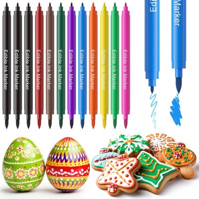 Jewem Edible Markers for Cookie Decorating,12Pcs Food Coloring Pens, Double Side Food Grade Pens with Fine &amp; Thick Tip for Decorating Fondant, Cakes, Cookies, Easter Eggs, Frosting, Macaron