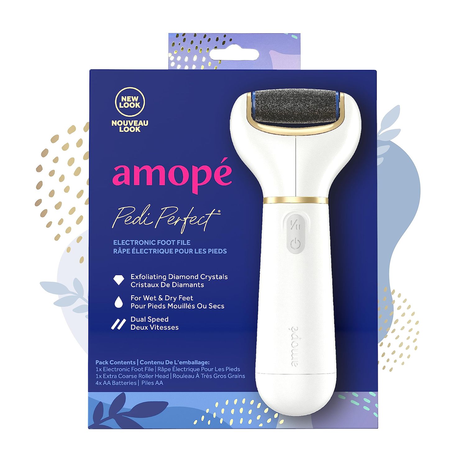 Amop Pedi Perfect Electric Callus Remover Foot File w/ Diamond Crystals, Pedicure Tool for Feet, Removes Hard &amp; Dead Skin, Feet Scrubber &amp; Buffer, Splashproof, w/ Extra Coarse Roller Head, 1 Count