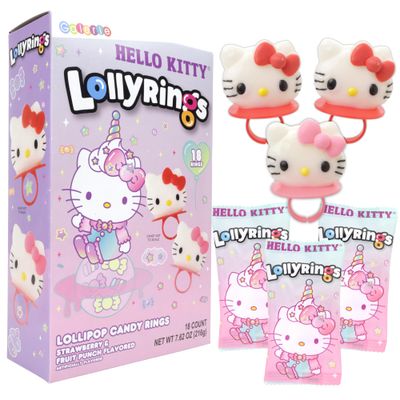 Galerie Hello Kitty Lollipop Rings, Strawberry and Fruit Punch Flavored, Individually Wrapped Candy Basket Fillers Box of 18