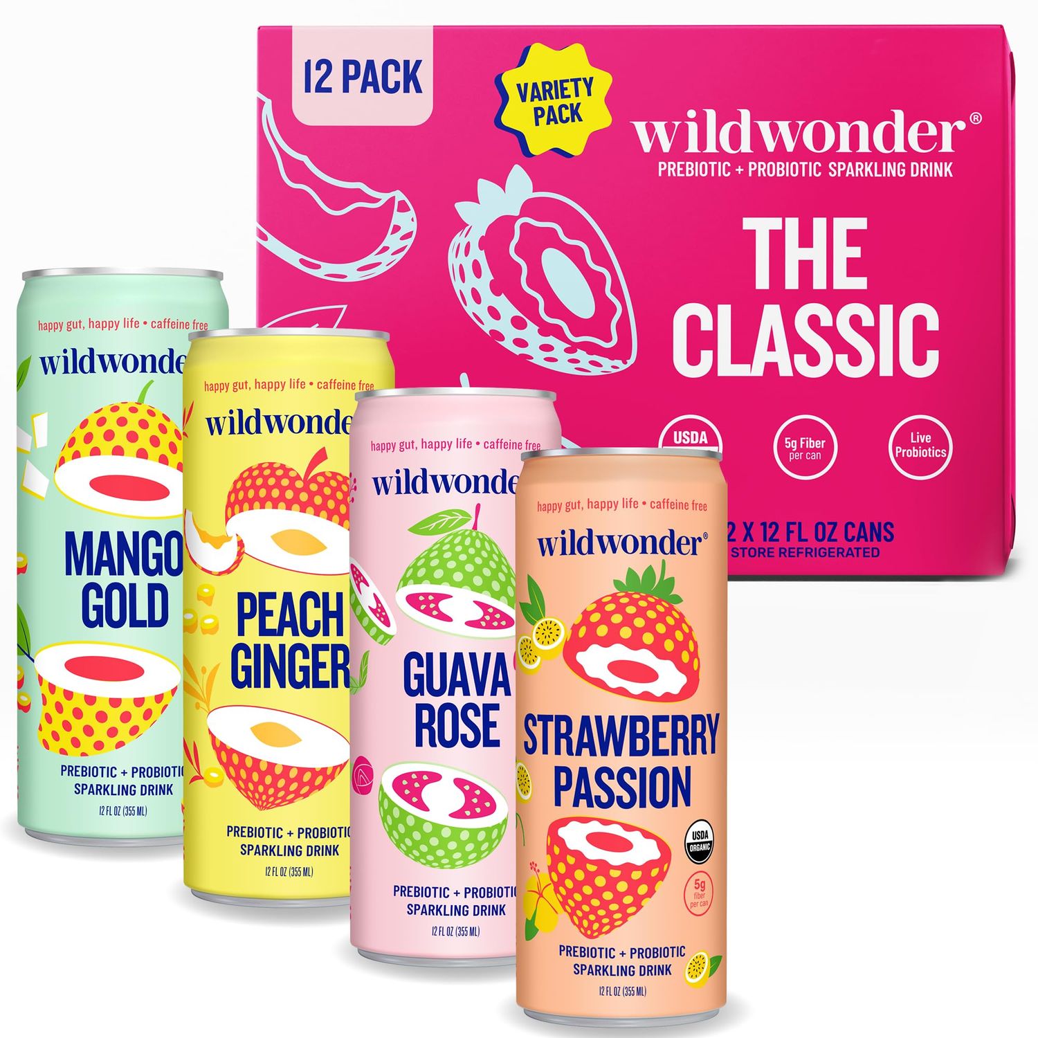 wildwonder Sparkling Probiotic Drink 12pk, For Gut Health &amp; Immune Support, Classic Variety Pack, 5g Prebiotic Fiber, Live Probiotics, Organic, Vegan, Low Sugar, 12 Pack, 12oz Can, Seen on Shark Tank