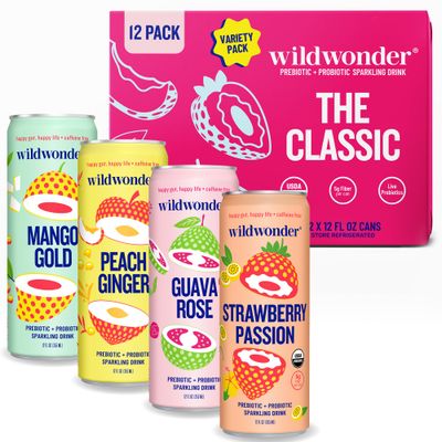 wildwonder Sparkling Probiotic Drink 12pk, For Gut Health &amp; Immune Support, Classic Variety Pack, 5g Prebiotic Fiber, Live Probiotics, Organic, Vegan, Low Sugar, 12 Pack, 12oz Can, Seen on Shark Tank