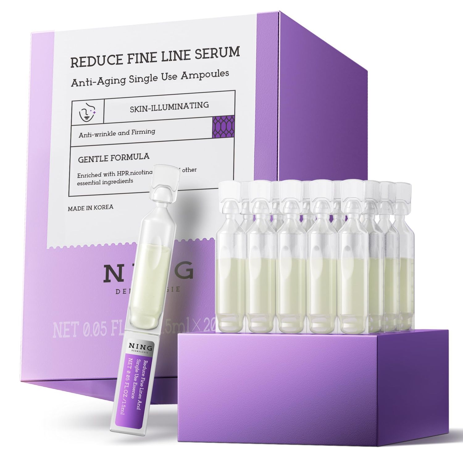 NING DERMOLOGIE Retinol Serum for Face: Single-Use Peptides Serum for Wrinkles, Anti-Aging Ampoules, Reduce Fine Line Vials, Moisturizing Tubes with Niacinamide Korean Skincare 0.05 fl.oz x 20e