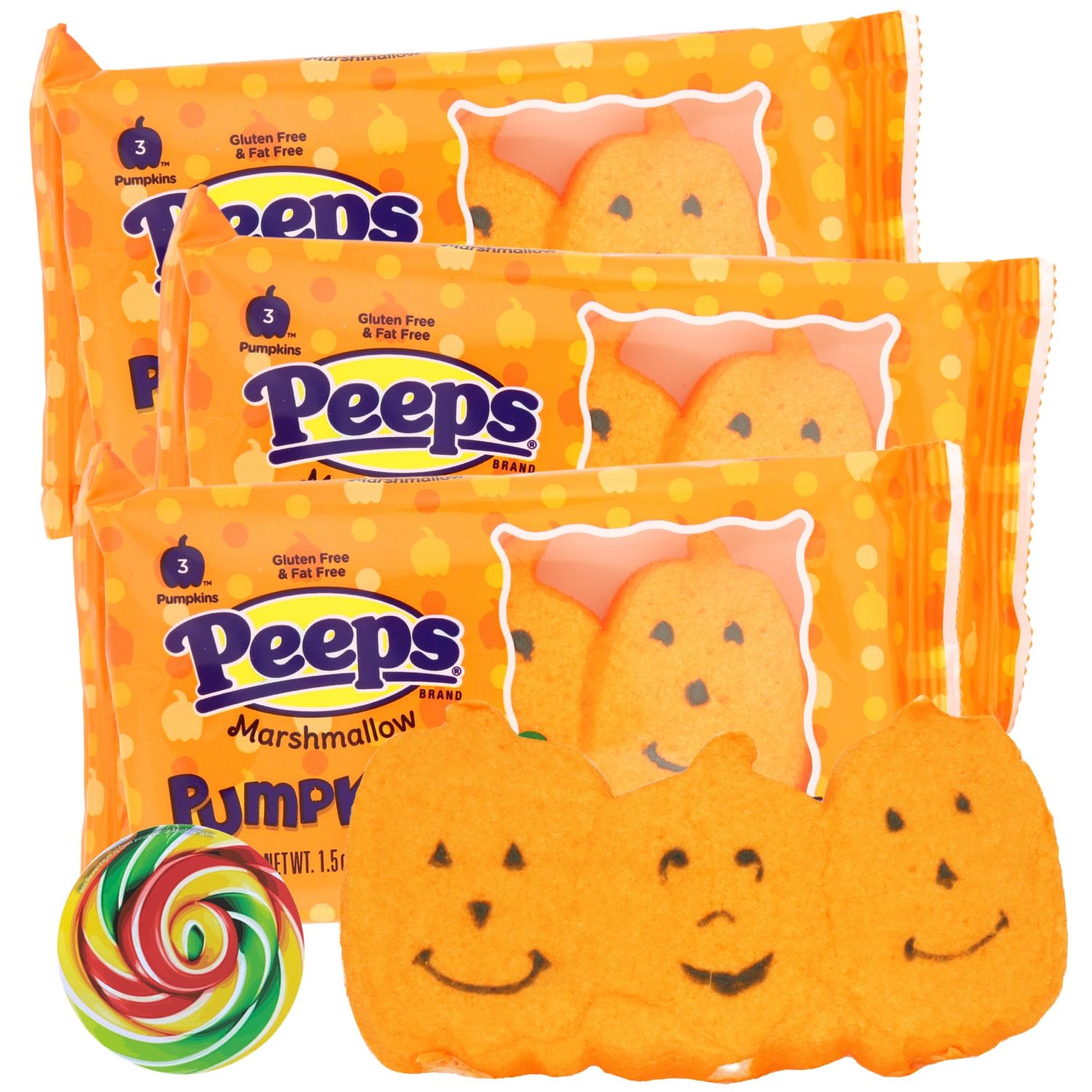 Sweetzo - Halloween Pumpkin Peeps, Soft and Chewy Marshmallow Candies, Festive Dessert Toppings, 1.5 Ounces (Pack of 3) Lollipop Swirl Sticker Included