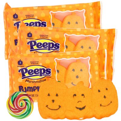 Sweetzo - Halloween Pumpkin Peeps, Soft and Chewy Marshmallow Candies, Festive Dessert Toppings, 1.5 Ounces (Pack of 3) Lollipop Swirl Sticker Included
