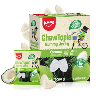 Amos ChewTopia Coconut Gummy Jerky - Vegan Chewy Fruit Snack, Tastes Like Real Dried Fruit, Easter Candy, 8.47oz Box with 9 Shareable Packs (1 Pack)