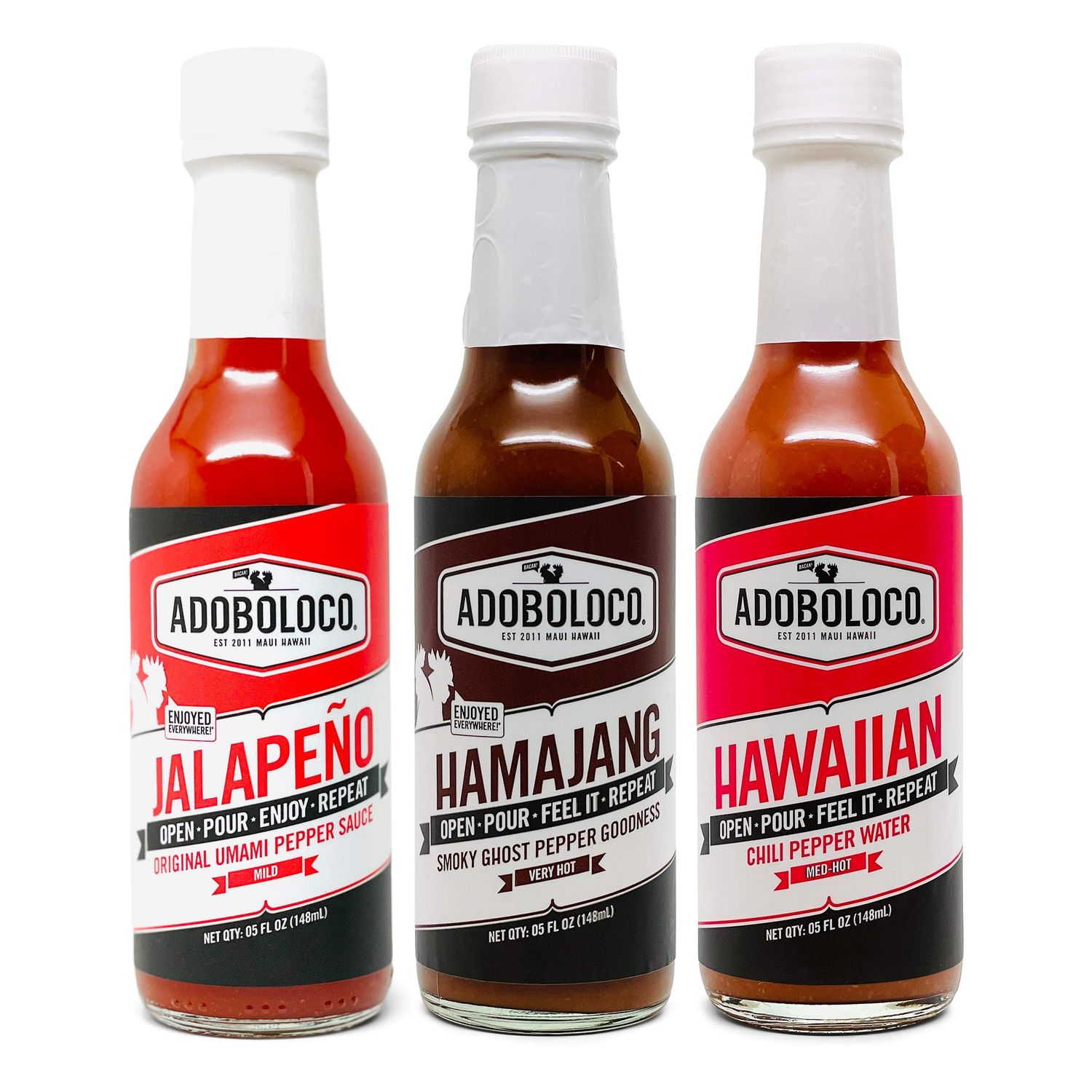 Adoboloco Hot Sauce Da Goods (3-Pack) 5oz Spicy Hamajang, Jalapeno, Hawaiian Chili Pepper Water Extremely Tasty Fiery Chili Pepper Sauce Bundle