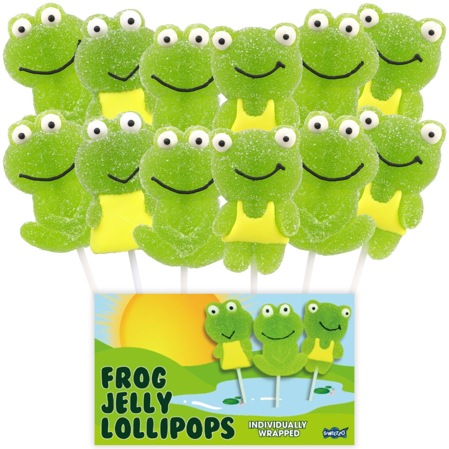 Sweetzo Green Apple Frog Jelly Lollipops, Individually Wrapped Gummy Pops, Party Favors and Easter Gift Basket Candy (12 Count)