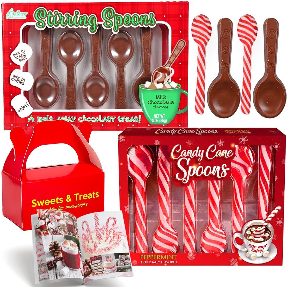 Candy Cane Peppermint Flavored &amp; Milk Chocolate Spoons Edible Stirring Beverage Hot Chocolate Cocoa Tea Coffee Cocktail Christmas Holiday Gift Plus Muchai Booklet (1 Pack of Each (11 Total Spoons))