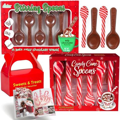 Candy Cane Peppermint Flavored &amp; Milk Chocolate Spoons Edible Stirring Beverage Hot Chocolate Cocoa Tea Coffee Cocktail Christmas Holiday Gift Plus Muchai Booklet (1 Pack of Each (11 Total Spoons))
