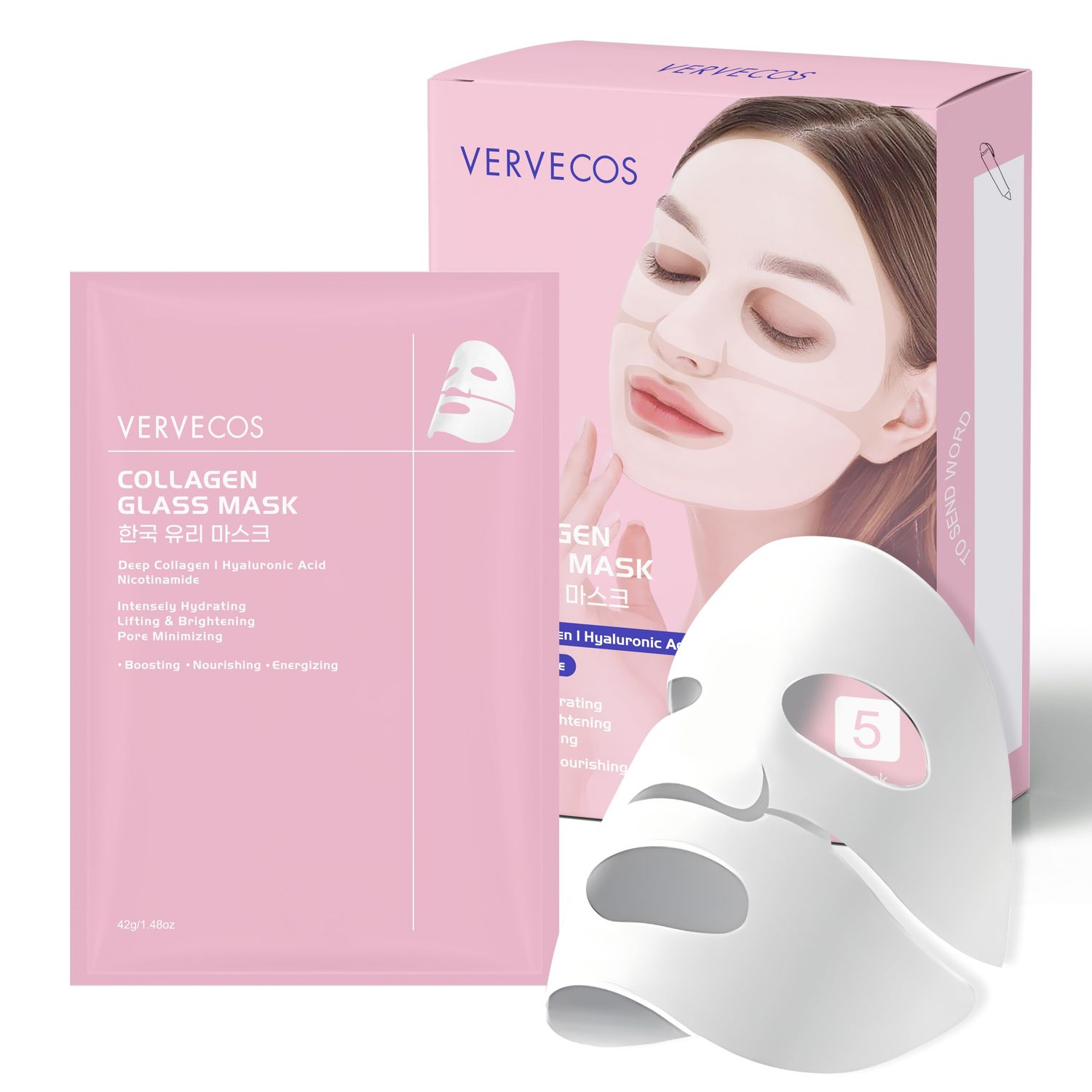 VERVECOS Deep Collagen Glass Face Mask, Overnight Lifting Facial Mask - 72HR Hydration With Hyaluronic Acid - Tested for Sensitive Skin 42g-5Pack for Skincare Routine