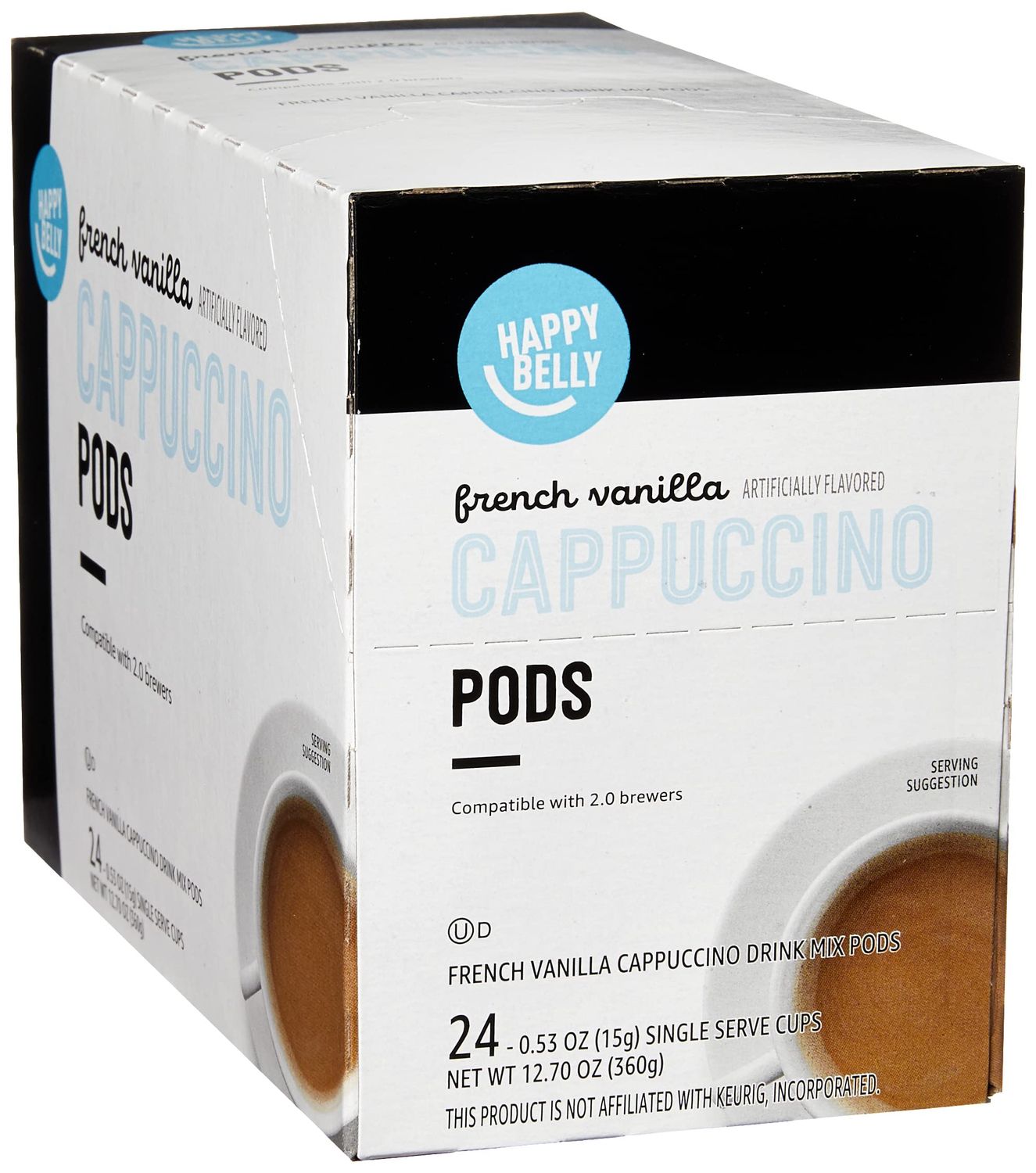 Amazon Brand - Happy Belly Cappuccino Coffee Pods Light Roast Compatible with 2.0 K-Cup Brewers, French Vanilla Flavored, 24 Count, 1.5 pound (Pack of 1)