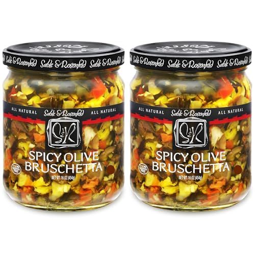 Spicy Olive Bruschetta - Kalamata Sandwich Spread with Peppers and Olive Oil for Muffuletta, Sandwiches, Dips, Crackers, Salads, &amp; Appetizers, Non-GMO - Sable &amp; Rosenfeld - 16 oz (Pack 2)