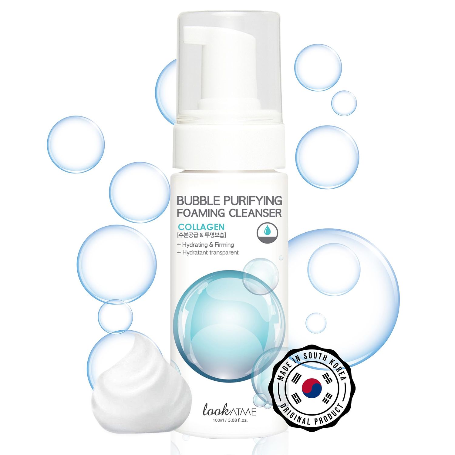 LOOKATME Korean Face Wash for Sensitive Skin - Water Based Bubble Skincare Cleanser - K Beauty Natural Acne Foaming Cleaner - Hydrating Skin Care Cleansing Foam with Low pH - Collagen