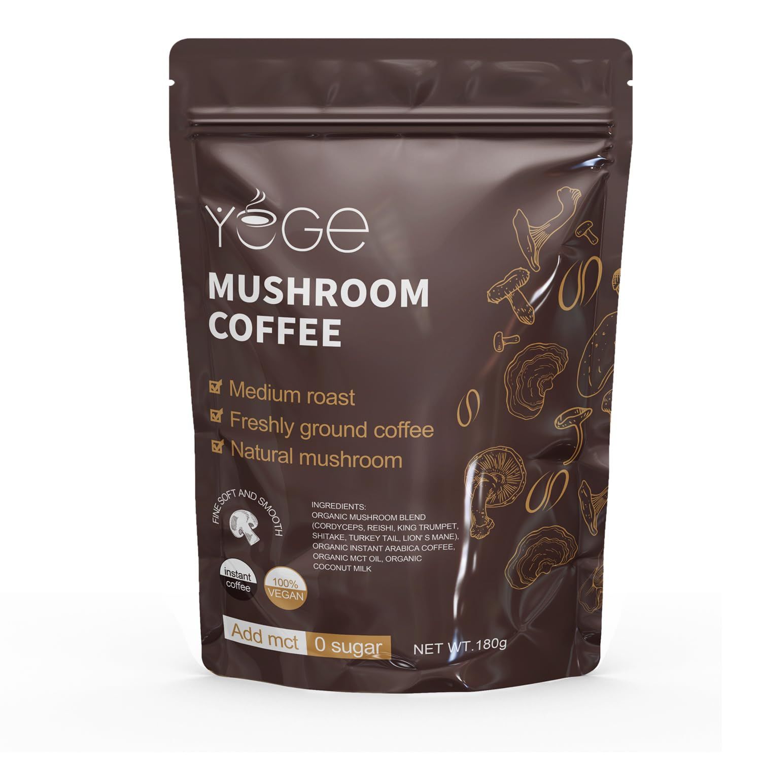 Mushroom Coffee, Instant Organic Mushroom Coffee with Cordyceps, Reish, King Trumpet, Shitake, Turkey Tail, Lions Mane for Energy, Focus, Positive Mood &amp; Immune Support (30 Servings)
