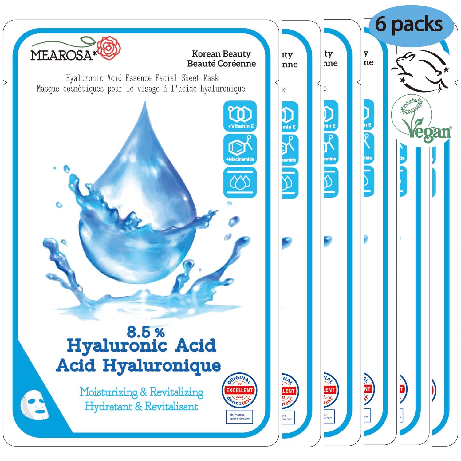 MEAROSA Dermatologically tested, 8.5% Hyaluronic Acid, Niacinamide, Vitamin E Vegan Formula Essence facial sheet masks Premium Quality Sensitive Skin 6Sheets