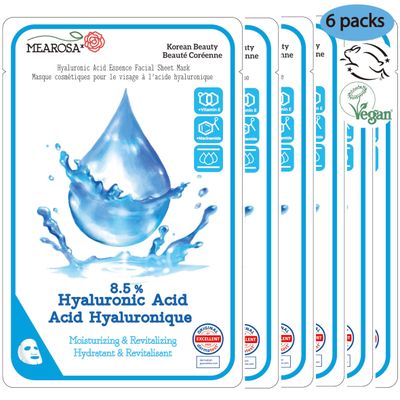 MEAROSA Dermatologically tested, 8.5% Hyaluronic Acid, Niacinamide, Vitamin E Vegan Formula Essence facial sheet masks Premium Quality Sensitive Skin 6Sheets