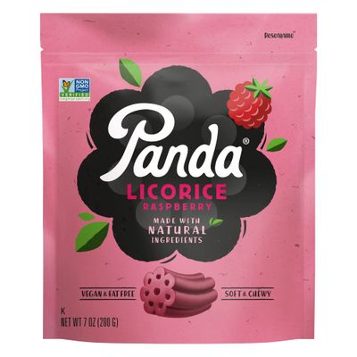 Panda Natural Soft Raspberry Licorice Licorice Candy Made with Natural Colors and Flavors Non-GMO Project verified Vegan & Fat Free 200 G - 7 OZ x 8 - Resealable Bags Pack