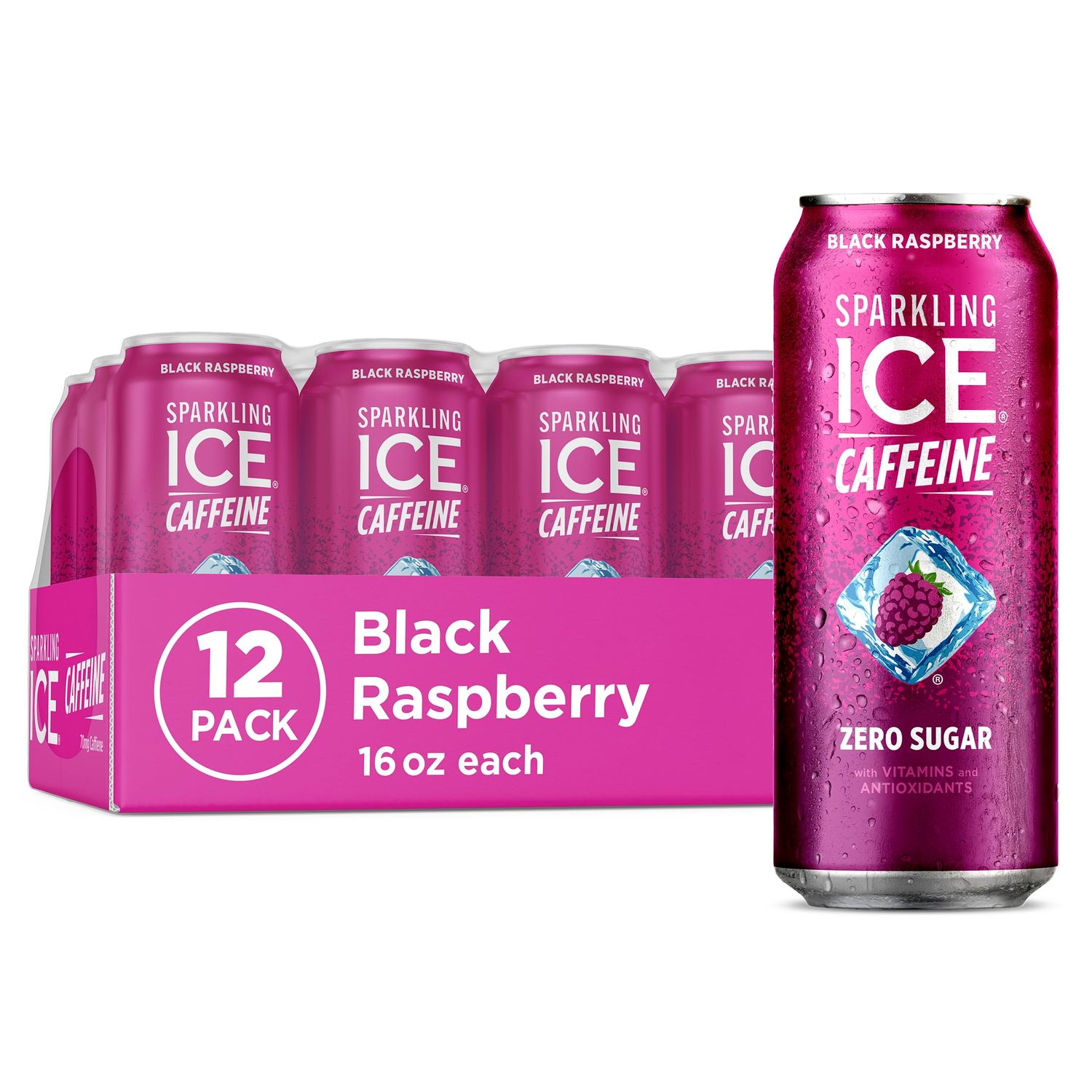 Sparkling Ice Caffeine Black Raspberry Sparkling Water with Caffeine, Zero Sugar, with Antioxidants and Vitamins,16 fl oz Cans (Pack Of 12)
