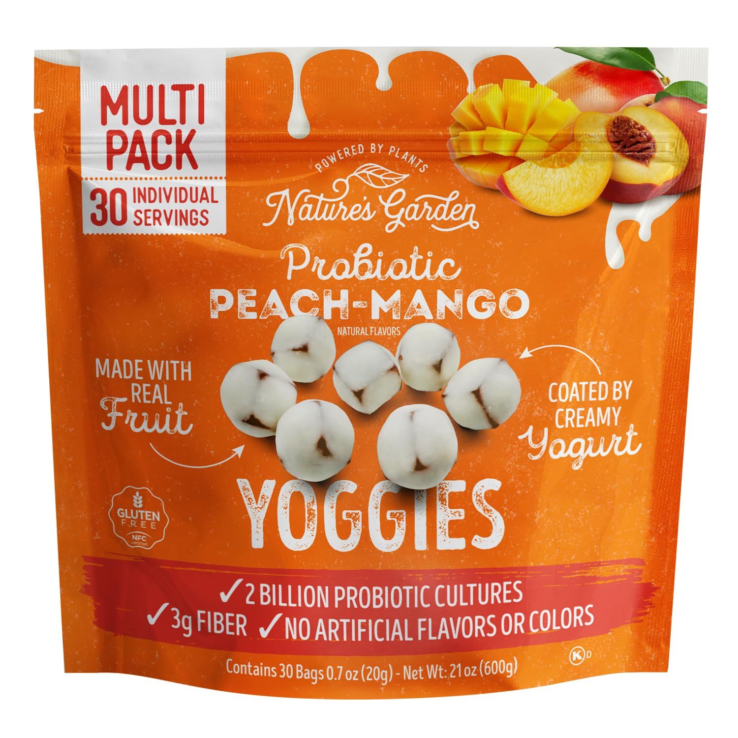 Nature&#39;s Garden Probiotic Peach Mango Yoggies, 21oz (30 x 0.7oz) - Yogurt Covered Fruit Snack, High Fiber, Real Fruit Pieces, Healthy Fruit Snack Packs