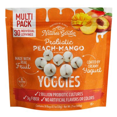 Nature&#39;s Garden Probiotic Peach Mango Yoggies, 21oz (30 x 0.7oz) - Yogurt Covered Fruit Snack, High Fiber, Real Fruit Pieces, Healthy Fruit Snack Packs