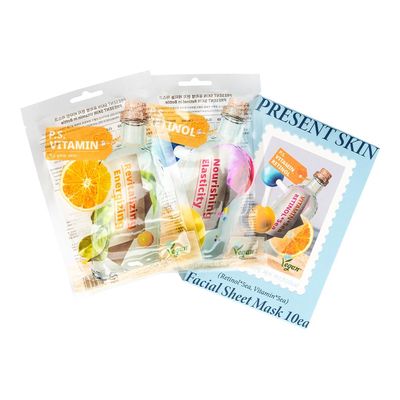 PRESENT SKIN Vegan Bottle Mask Set, Vegan Sheet Mask 10 pack-combo, Korean Facial Mask Sheet Skincare, Revitalizing, Energizing, Nourishing, Firming facial mask, Beauty Mask For All Skin Type
