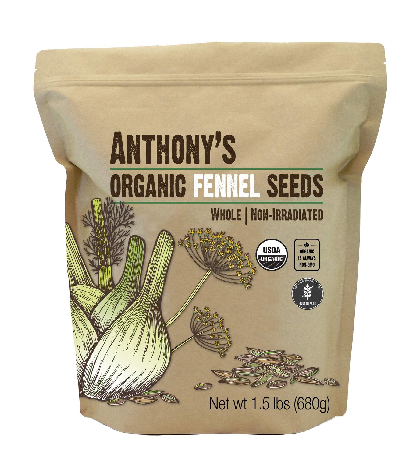 Anthony&#39;s Organic Fennel Seeds, 1.5 lb, Whole Seeds, Non-Irradiated, Gluten-Free, Non-GMO