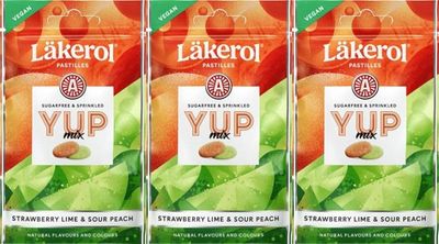 Cloetta Lakerol YUP Mix Strawberry Lime &amp; Sour Peach Pastilles 3 Packs of 30g