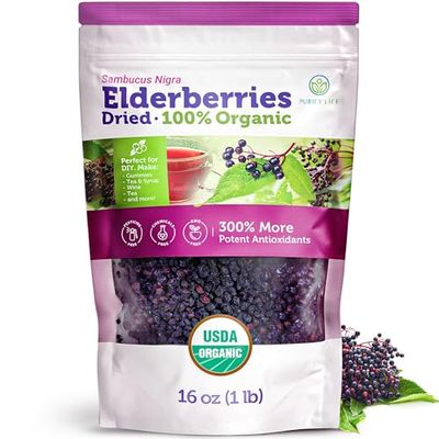 Certified USDA - 100% Organic Dried Elderberries - 1lb Bulk - Non-Irradiated, Non-Gmo, Whole Black Elderberry Immune Support For Making Elder Syrup, Gummies, Tea - Raw Vegan Sambucus 1 Pound