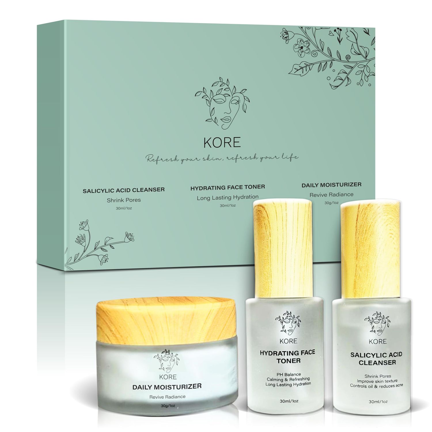 Kore Korean Skin Care Set-3-Piece Skincare Kit with Salicylic Acid Cleanser, Hydrating Toner &amp; Daily Moisturizer-Vegan &amp; PH Balancing Korean Skincare for Glass Skin-Skin Care Routine Kit for Women