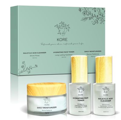 Kore Korean Skin Care Set-3-Piece Skincare Kit with Salicylic Acid Cleanser, Hydrating Toner &amp; Daily Moisturizer-Vegan &amp; PH Balancing Korean Skincare for Glass Skin-Skin Care Routine Kit for Women