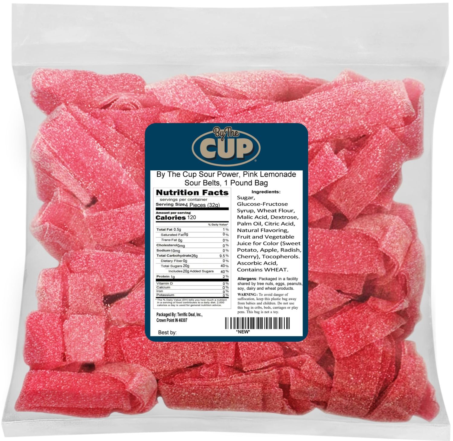 By The Cup Sour Power Pink Lemonade Sour Belts, 1 lb Bulk Bag