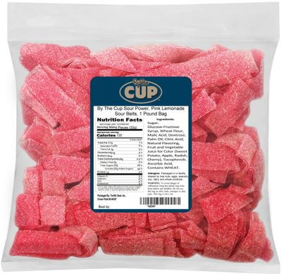 By The Cup Sour Power Pink Lemonade Sour Belts, 1 lb Bulk Bag