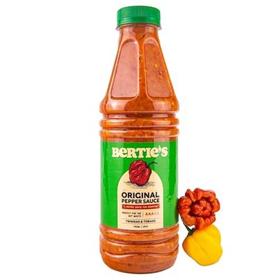 Bertie&#39;s Original Pepper Sauce (26 Oz/750ml) Great Flavour And Heat Made With Fresh Trinidad Moruga Red And Scotch Bonnet Yellow Peppers Tastes Like Home Made