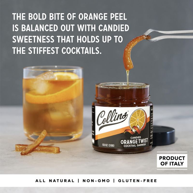 Collins Candied Fruit Orange Peel Twist in Syrup - Popular Cocktail Garnish for Skinny Margarita, Martini, Mojito, Old Fashioned Drinks, Peel for Baking, 10.9oz, Set of 6