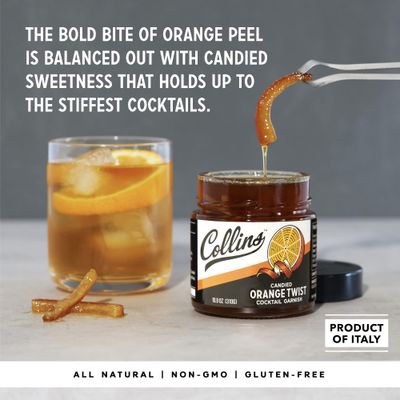 Collins Candied Fruit Orange Peel Twist in Syrup - Popular Cocktail Garnish for Skinny Margarita, Martini, Mojito, Old Fashioned Drinks, Peel for Baking, 10.9oz, Set of 6