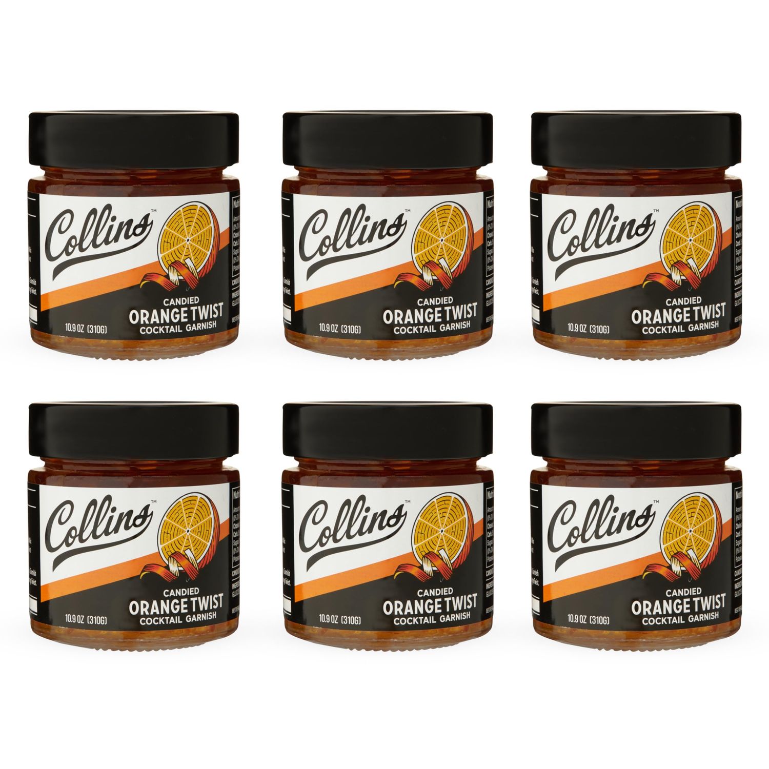 Collins Candied Fruit Orange Peel Twist in Syrup - Popular Cocktail Garnish for Skinny Margarita, Martini, Mojito, Old Fashioned Drinks, Peel for Baking, 10.9oz, Set of 6
