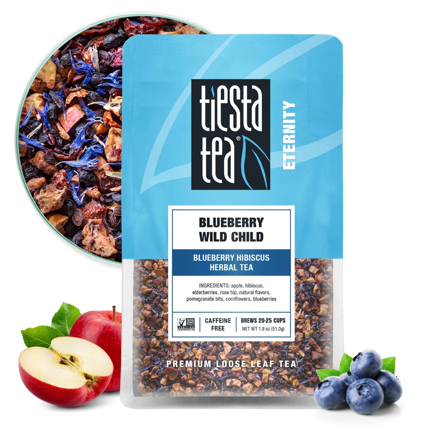Tiesta Tea Blueberry Wild Child Loose Leaf Blueberry Hibiscus Herbal Tea Premium Non-Caffeinated Fruit Blend Make Hot or Iced &amp; Brews Up to 25 Cups 1.8 Ounce Resealable Pouch