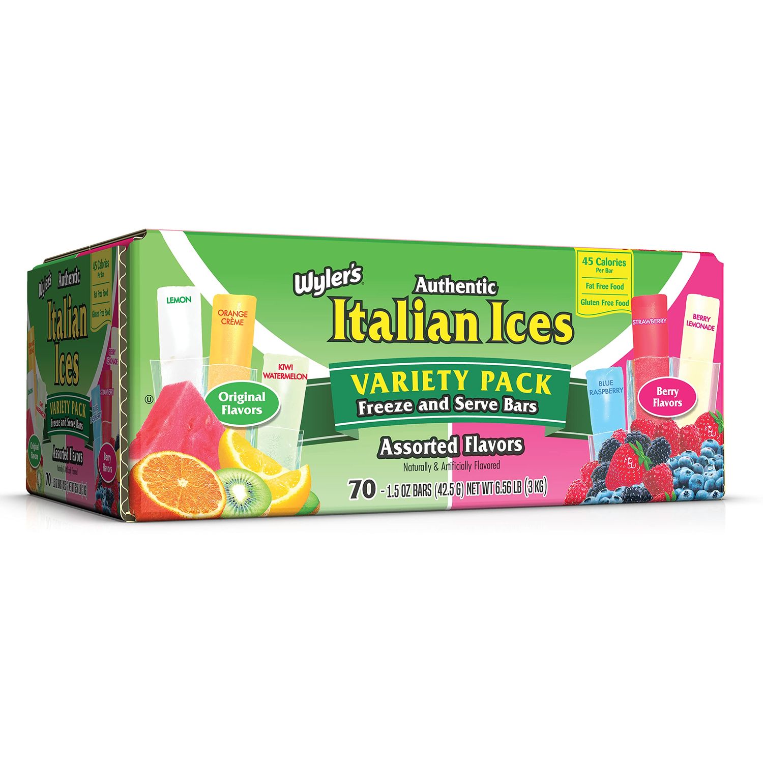 Wyler&#39;s Italian Ices, Original And Berries &amp; Cherries Variety Pack, 1.5 Oz Freezer Bars, 70 Count