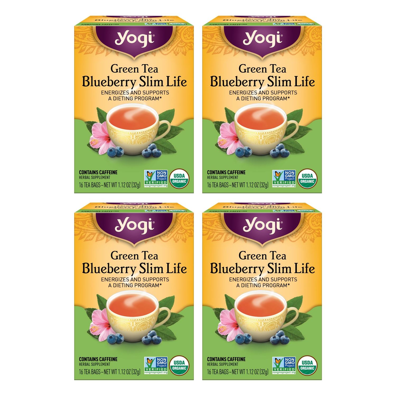 Yogi Tea Green Tea Blueberry Slim Life Tea - 16 Tea Bags per Pack (4 Packs) - Organic Tea to Support Stamina &amp; Energy - Includes Green Tea Leaf, Bilberry Leaf, Hibiscus Flower, Blueberries &amp; More