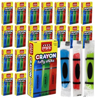 Taffy Candy in Crayon Boxes - Unique Candy for Party Favors for Kids Novelty Candy, Goodie Bag Stuffers - 24 Taffy Crayon Boxes with 3 Individually Wrapped Crayon Sticks in Each Box