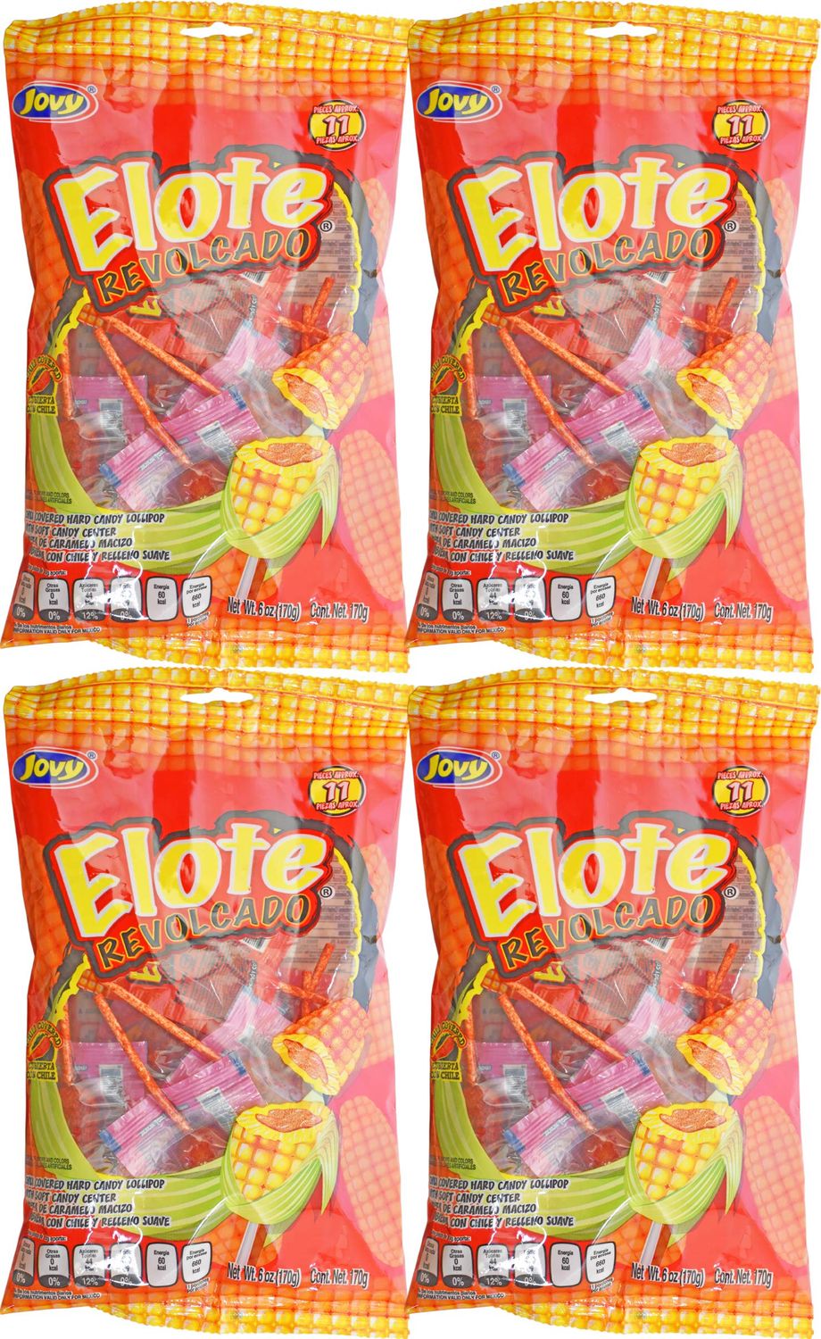Set of 4 6oz Bags of Elote Revolcado Lollipops! Approx 44 Total Deices! Chili Covered Hard Candy Lollipop With Soft Candy Center!