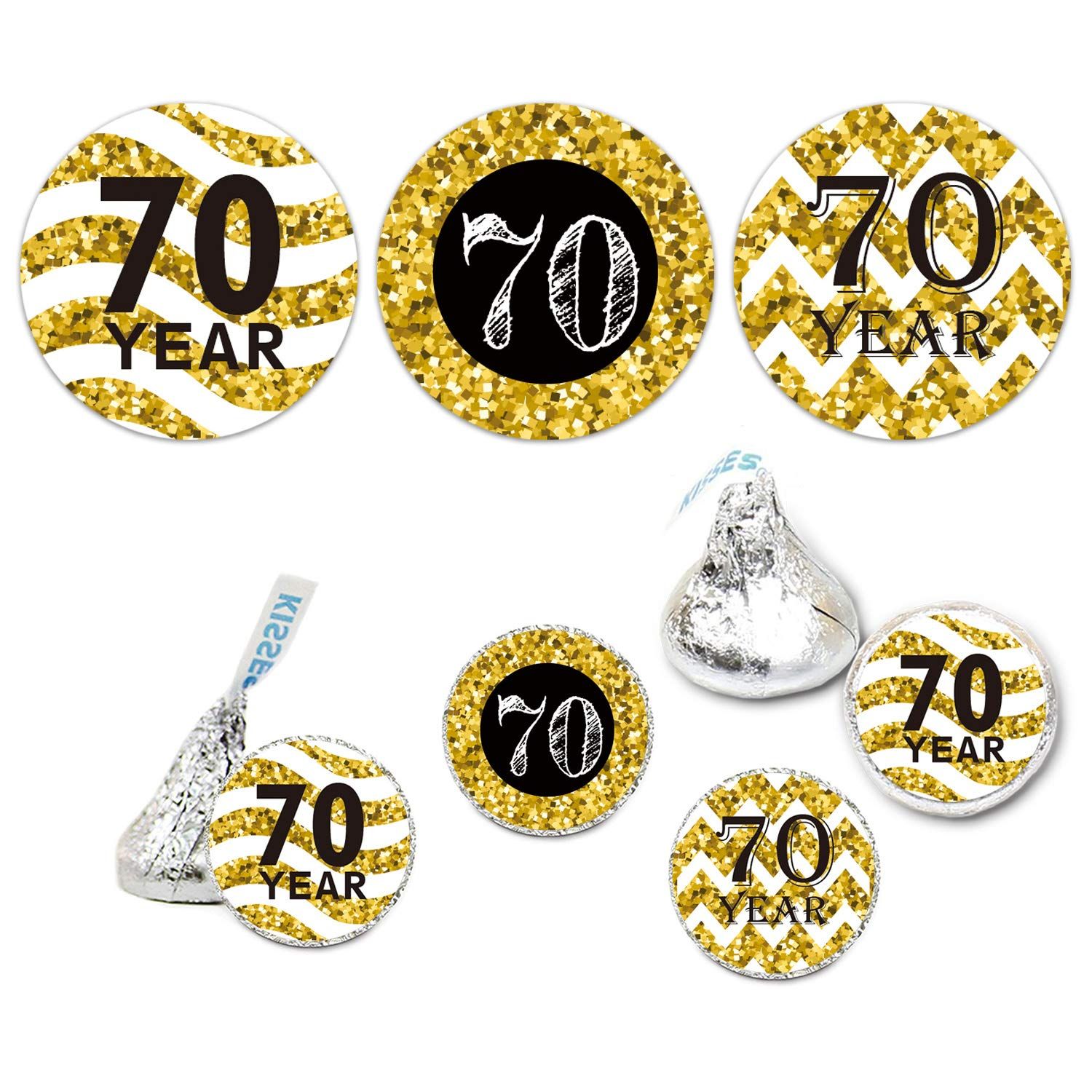180 Count 70th Birthday Party Favor Labels, Chocolate Drops Stickers for Anniversary, Black and Gold Decorations