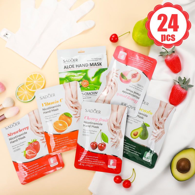 Swiffen 24 Pcs Fruits Beauty Hand Mask Bulk Hydrating Hand Moisturizing Gloves Treatment Mask for Spa Kit Sleeping Skincare Gift Beauty Kits for Women