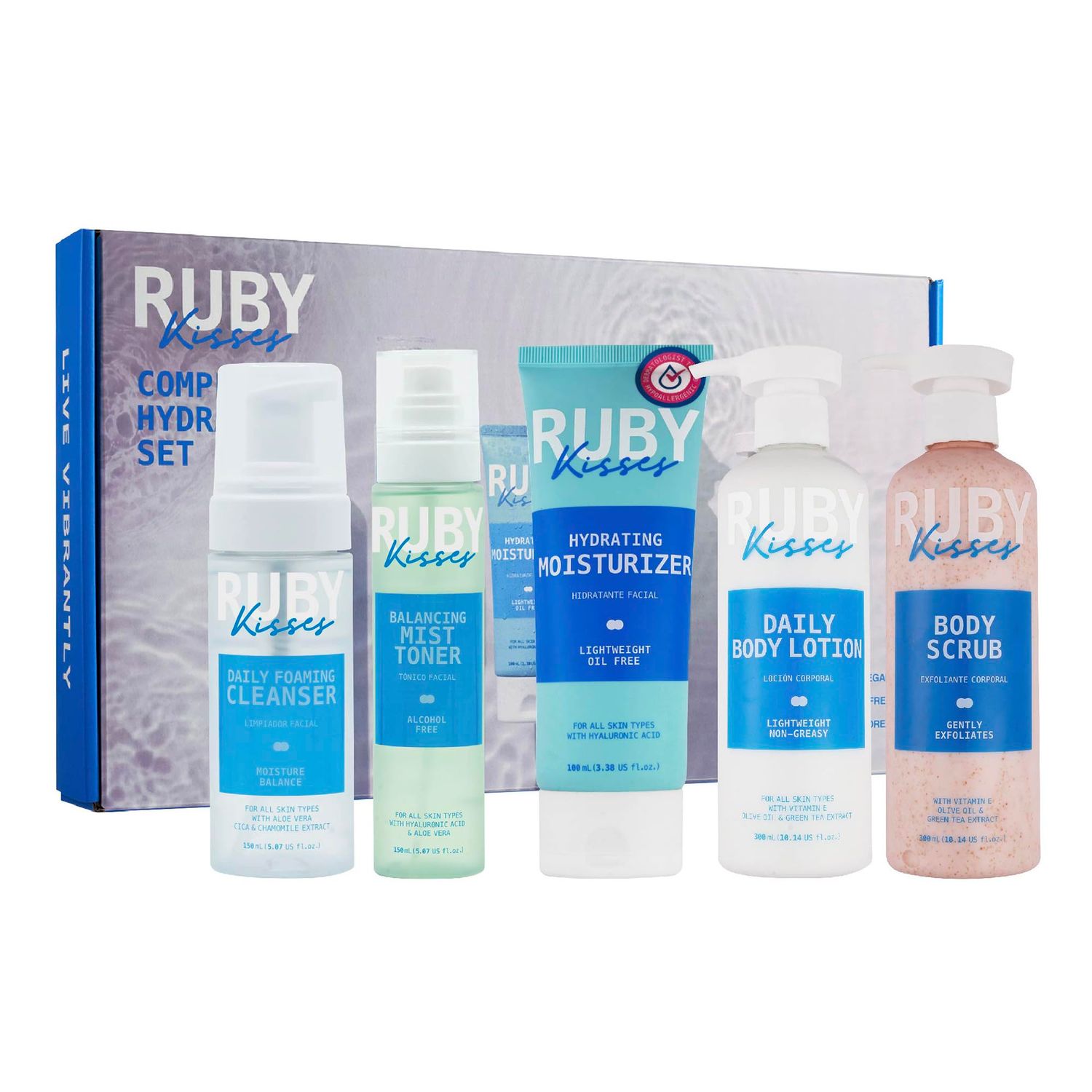 Ruby Kisses Complete Hydration Skincare Set, Face &amp; Body Essentials, Includes Daily Foaming Cleanser, Balancing Mist Toner, Daily Body Lotion, Gentle Body Scrub, Korean Skincare