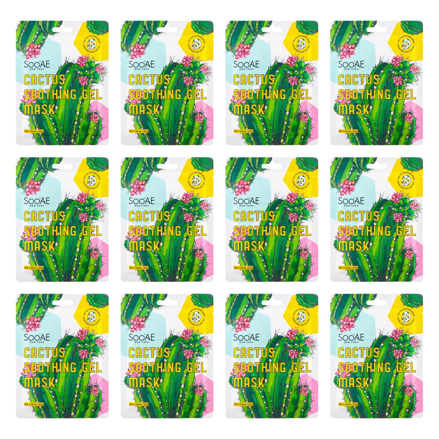 Soo&#39;AE Cactus Soothing Gel Mask 12 Count PLUMPING BALANCING, Best Easter Basket Stuffers, Cute and Fun For Kids too, Dry &amp; Dehydrated Skin, Premium Korean Skincare, Self Home Care, Value 12 Packs