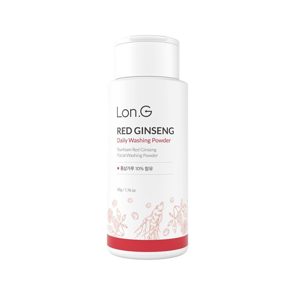 LON.G Red Ginseng Enzyme Powder Face Wash Soft Cleanser and Exfoliator for Sensitive Skin, hydrating daily facial cleanser, low pH, blackhead removal, Ultra- Fine, Korean Skincare, 50g 1.76 oz.