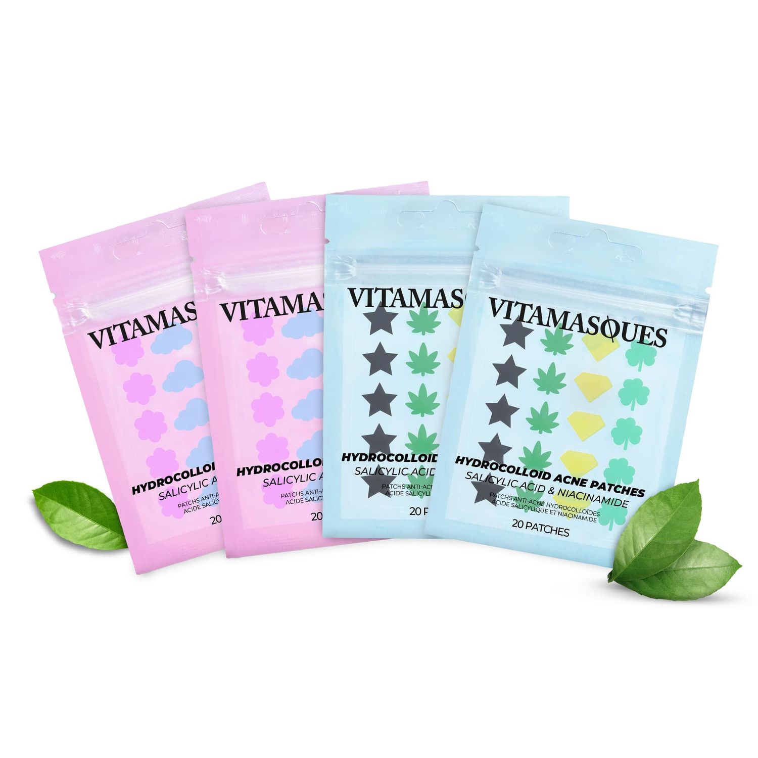 Vitamasques Acne Patch Face Mask Set, 4-Pack - Hydrocolloid Patches 80 Count (Salicylic &amp; Tea Tree, Salicylic &amp; Niacinamide) - Korean Skin Care - Reduce Oil Build-Up for Blackheads
