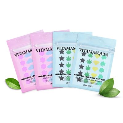 Vitamasques Acne Patch Face Mask Set, 4-Pack - Hydrocolloid Patches 80 Count (Salicylic &amp; Tea Tree, Salicylic &amp; Niacinamide) - Korean Skin Care - Reduce Oil Build-Up for Blackheads