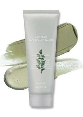 MISSHA Artemisia Pack Foam Cleanser 5.07 Fl oz/ 150ml, 2-in-1 Facial Cleanser &amp; Clay Mask, Korean Foaming Facial Cleanser with Double-Fermented Mugwort Extract, Soothes Sensitive Skin